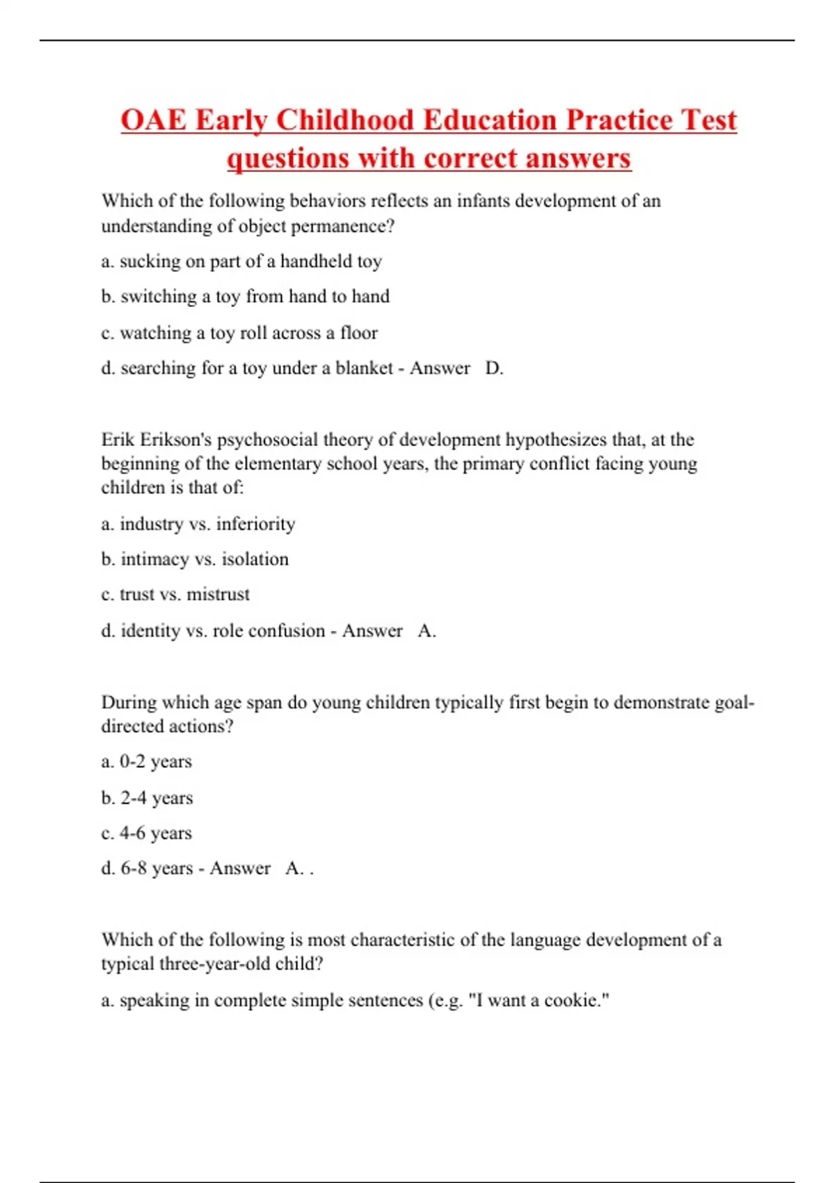 OAE Early Childhood Education Practice Test questions with correct answers OAE Stuvia US