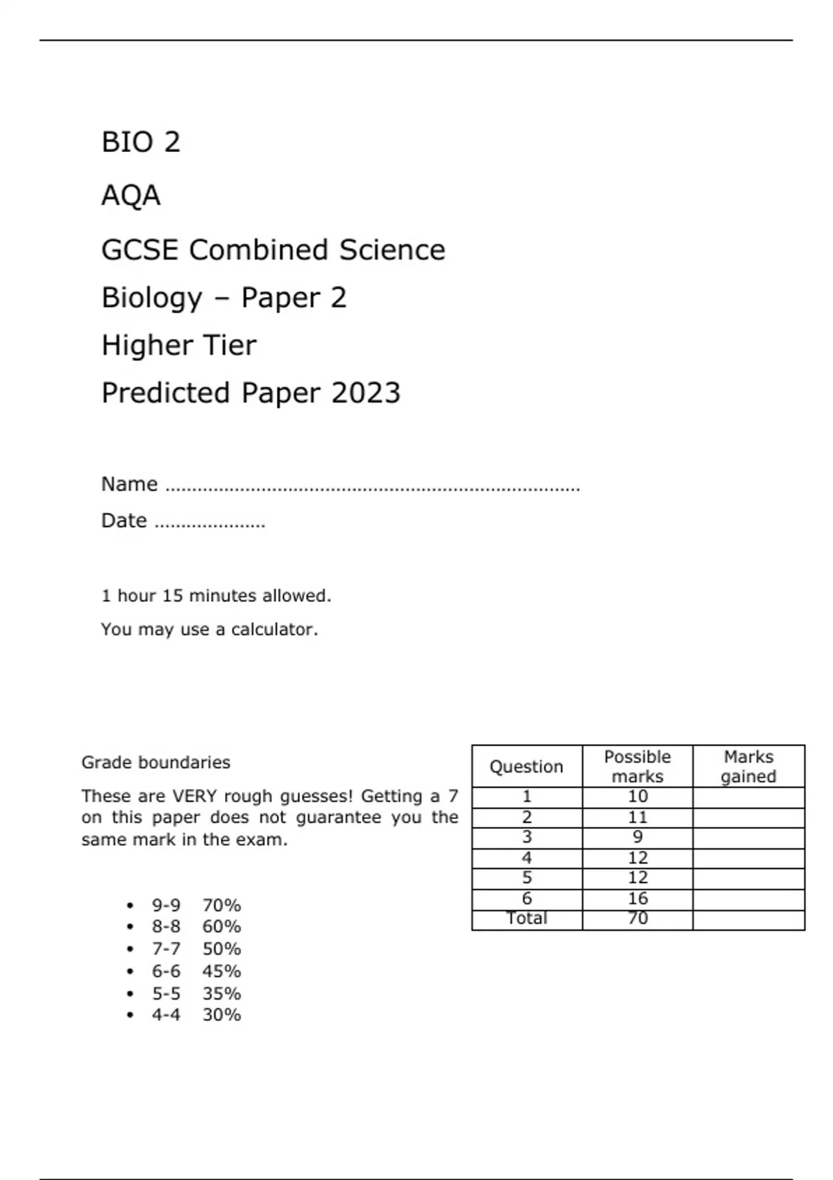 AQA GCSE Combined Science Biology – Paper 2 FINAL QUESTION PAPER AND ...