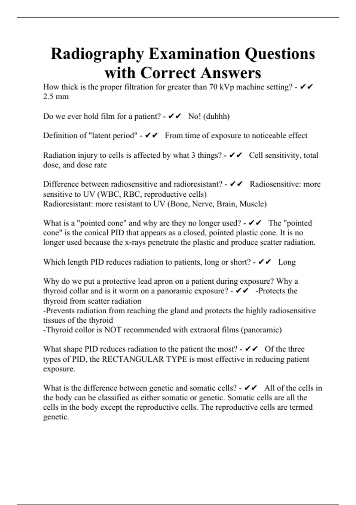 Radiography Examination Questions with Correct Answers Radiography
