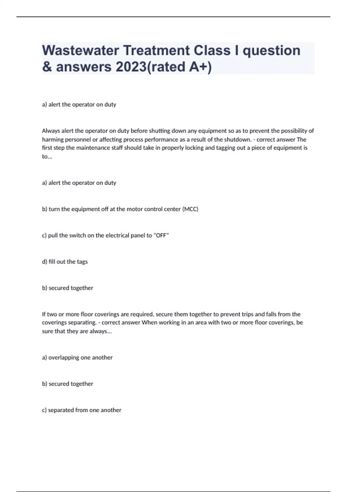Wastewater Treatment Class I question & answers 2023(rated A+