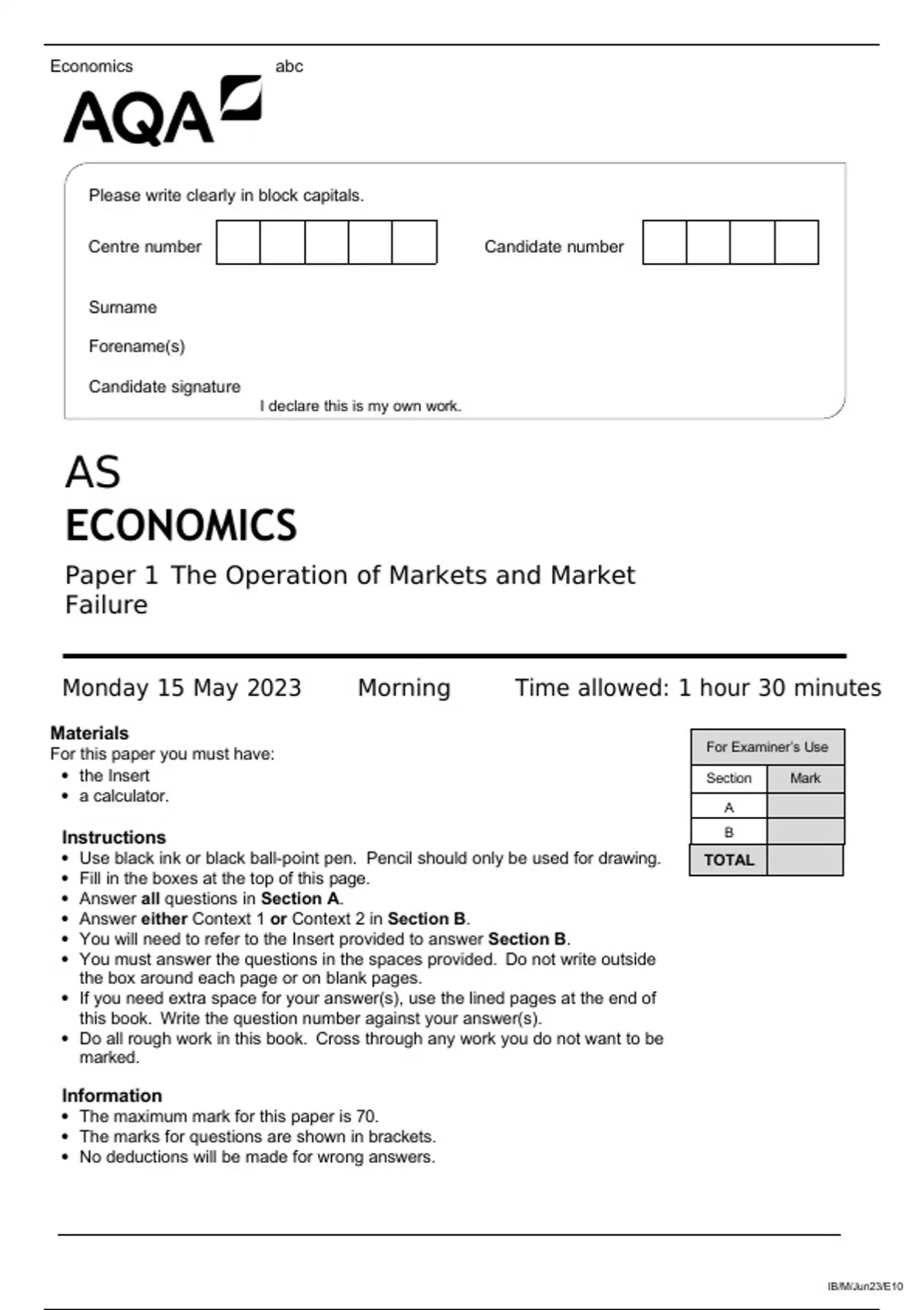 AQA AS ECONOMICS Paper 1 and 2 June 2023 official question paper and ...