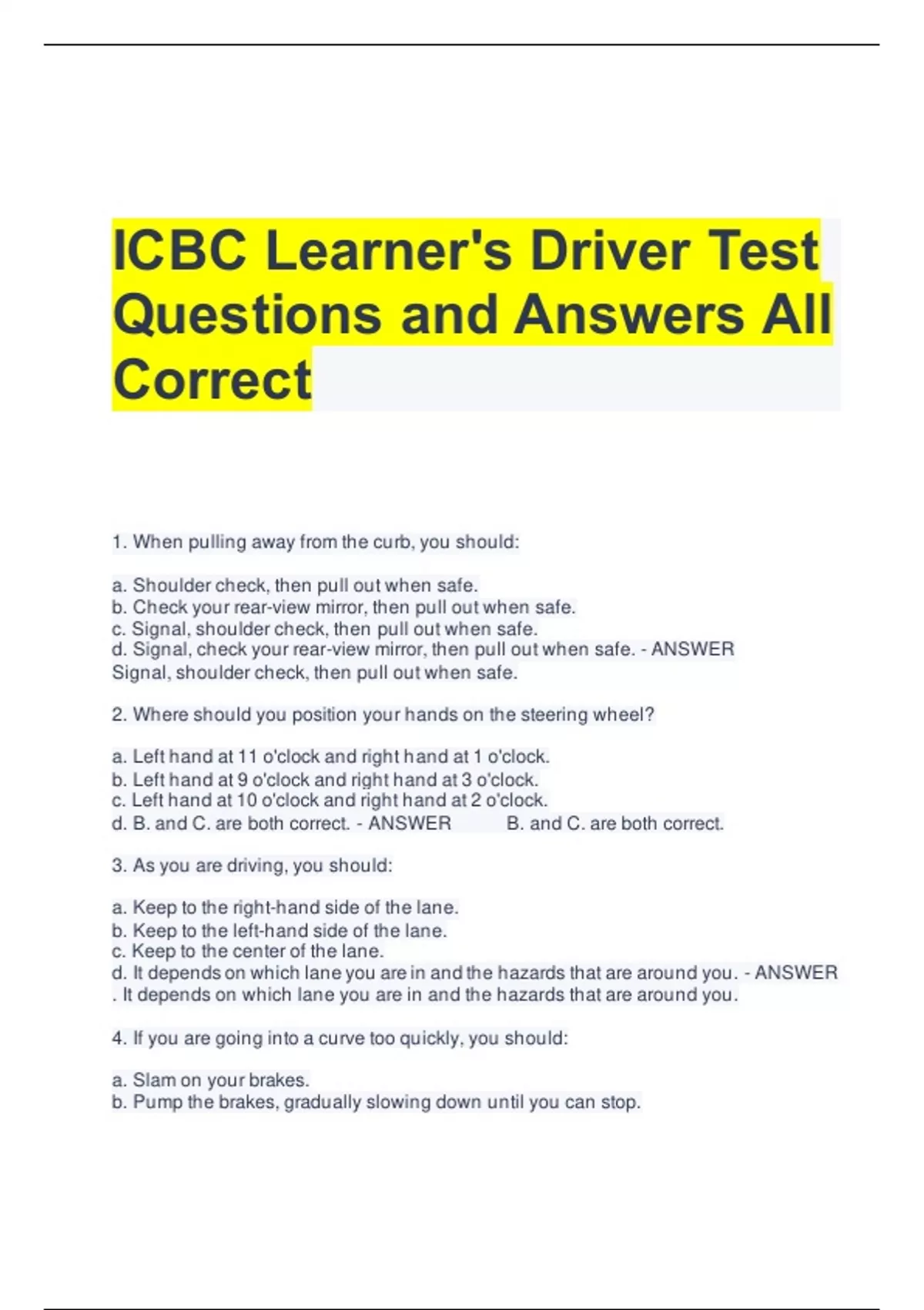 ICBC Learner's Driver Test Questions and Answers All Correct ICBC