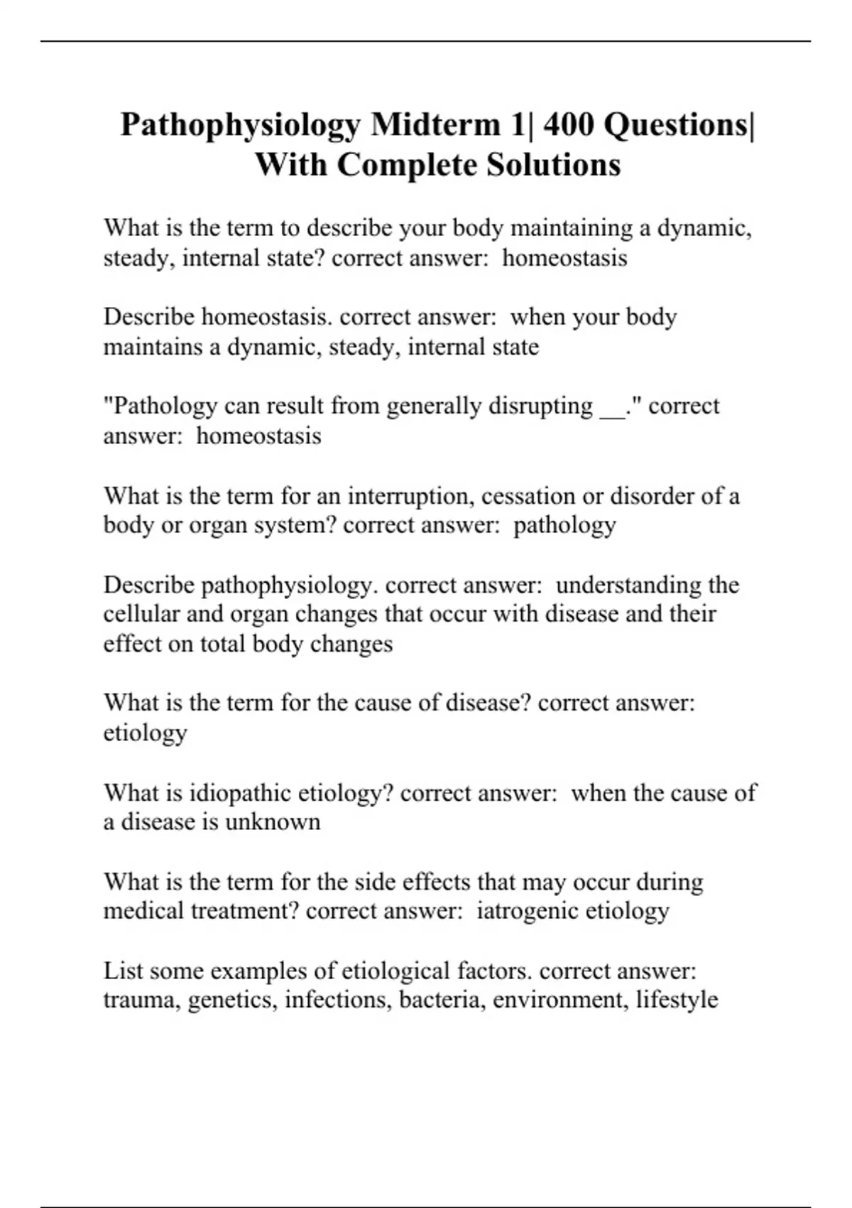 Pathophysiology Midterm 1| 400 Questions| With Complete Solutions ...