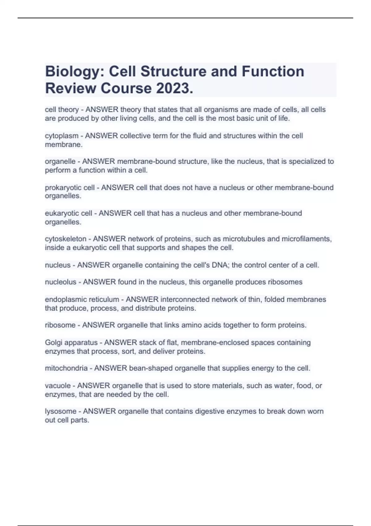 Biology: Cell Structure and Function Review Course 2023. - BIO CELL ...