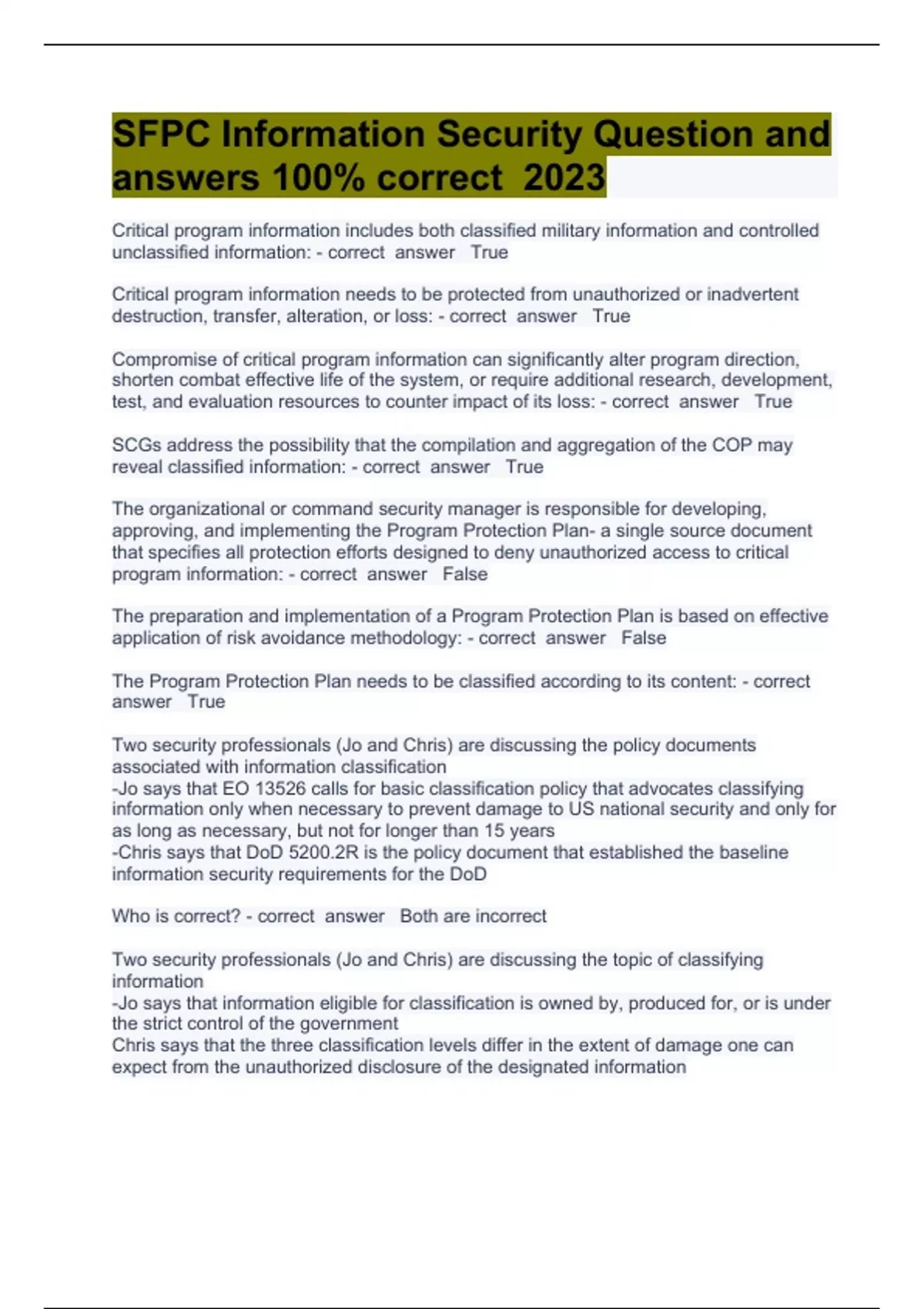 SFPC Information Security Question and answers 100 correct 2023 SFPC