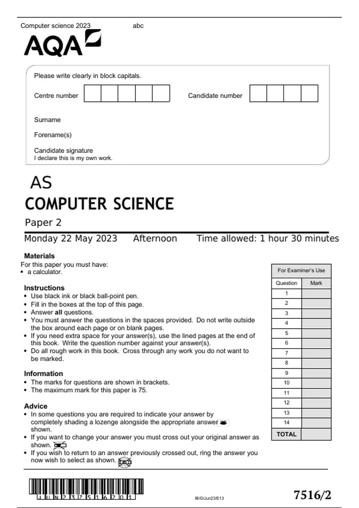 AQA AS Computer science Paper 1 and 2 June 2023 official question paper