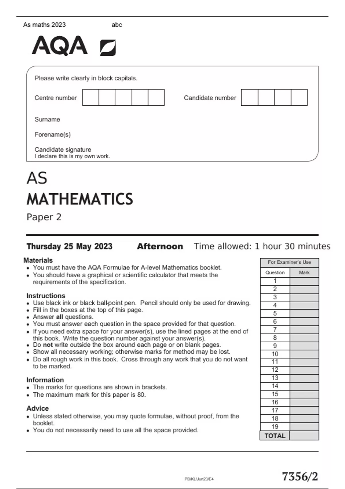 AQA AS mathematics Paper 1 and 2 June 2023 official question paper and ...