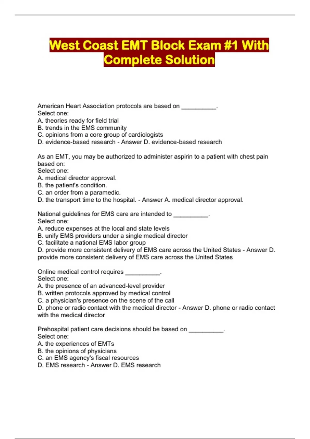 West Coast EMT Block Exam 1 With Complete Solution West Coast EMT Block Stuvia US