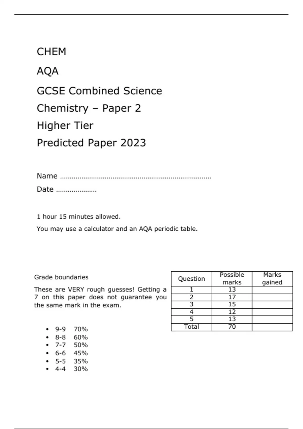AQA GCSE Combined Science Chemistry – Paper 2 FINAL QUESTION PAPER AND ...