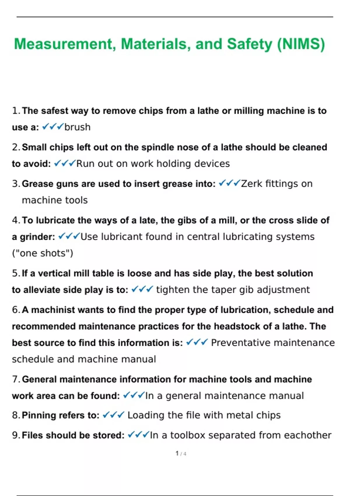 Measurement, Materials, and Safety (NIMS) Exam Questions and Answers
