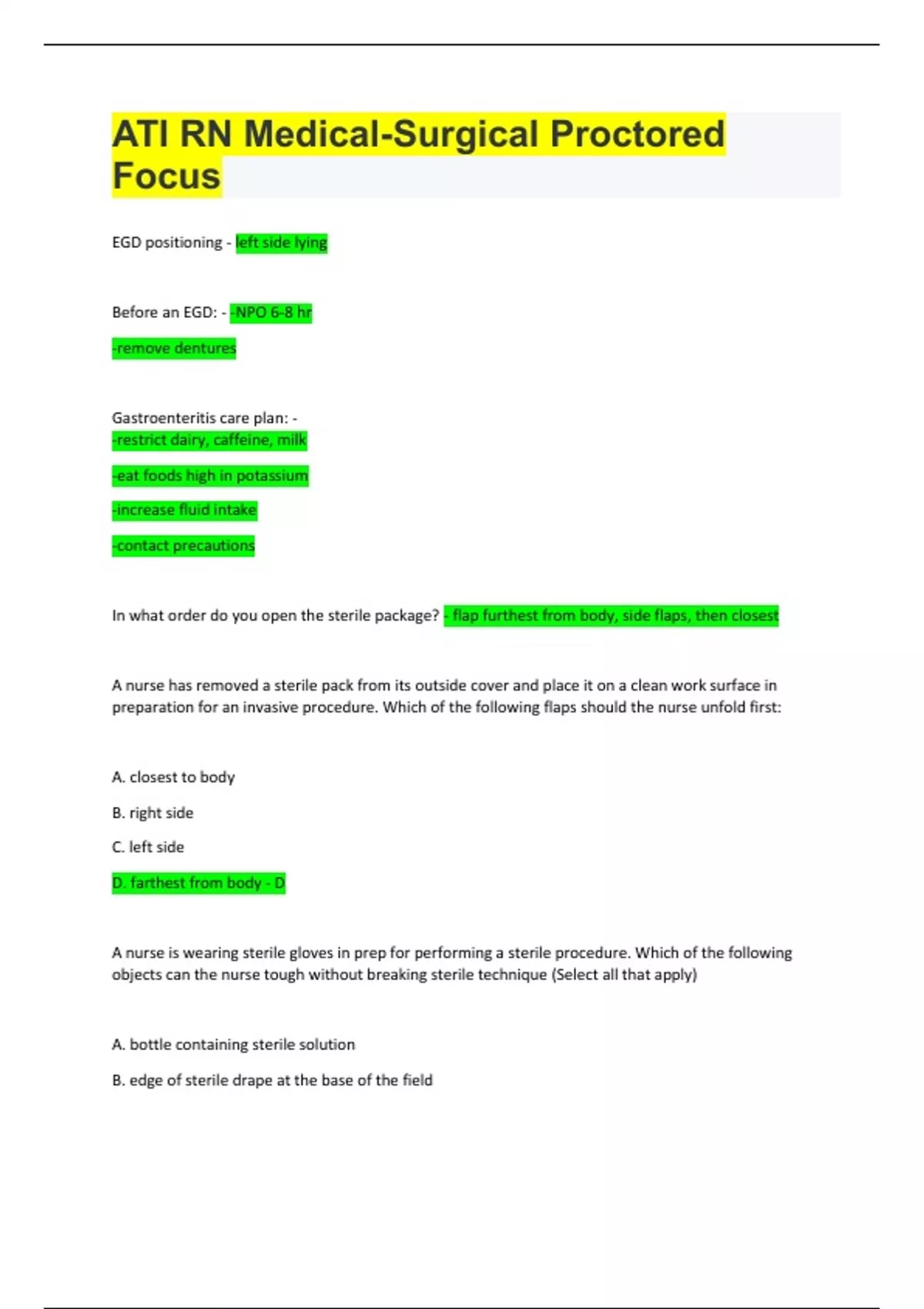 EGD positioning left side lying Before an EGD NPO 68 hr ATI RN