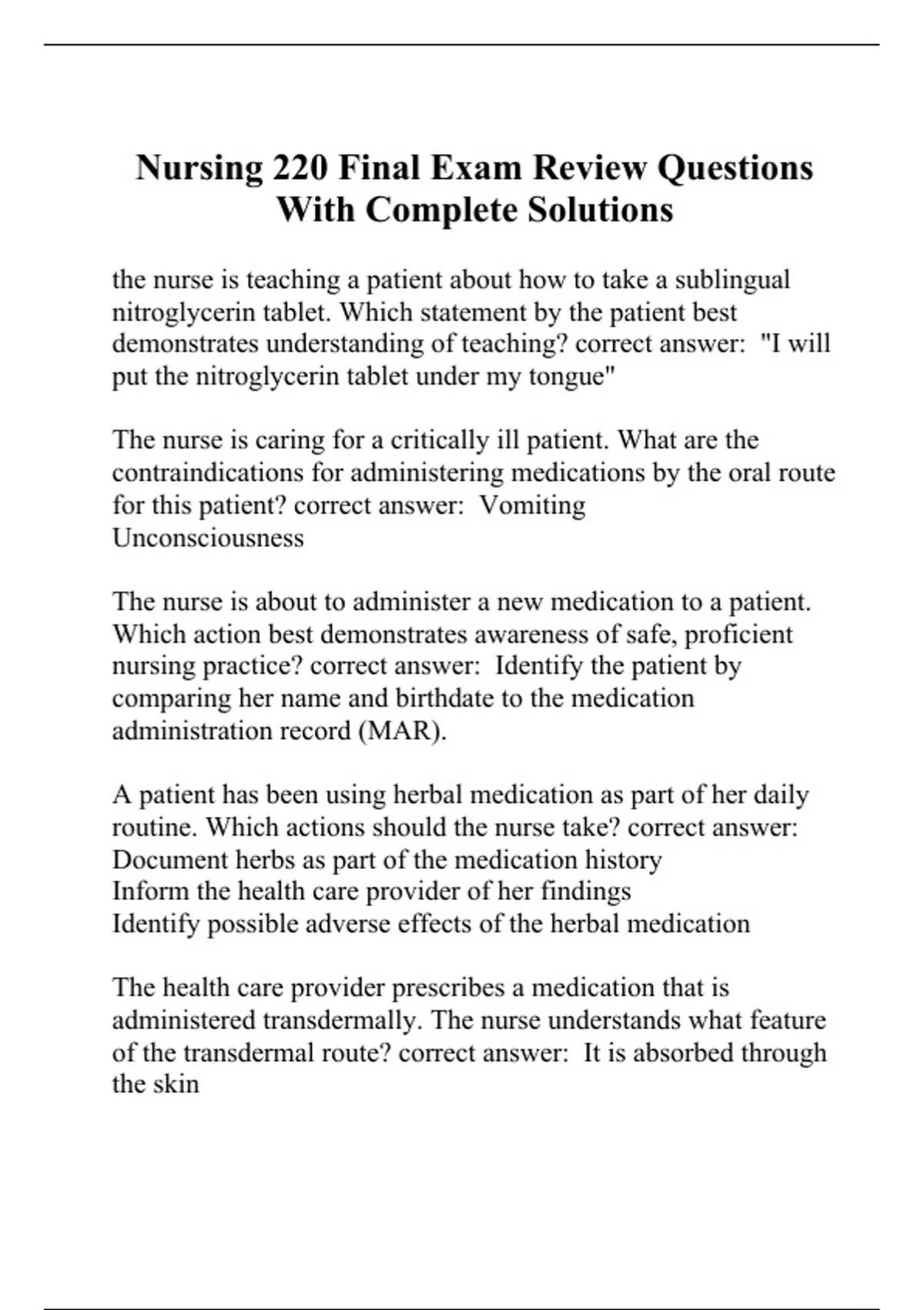 Nursing 220 Final Exam Review Questions With Complete Solutions - Nurs ...