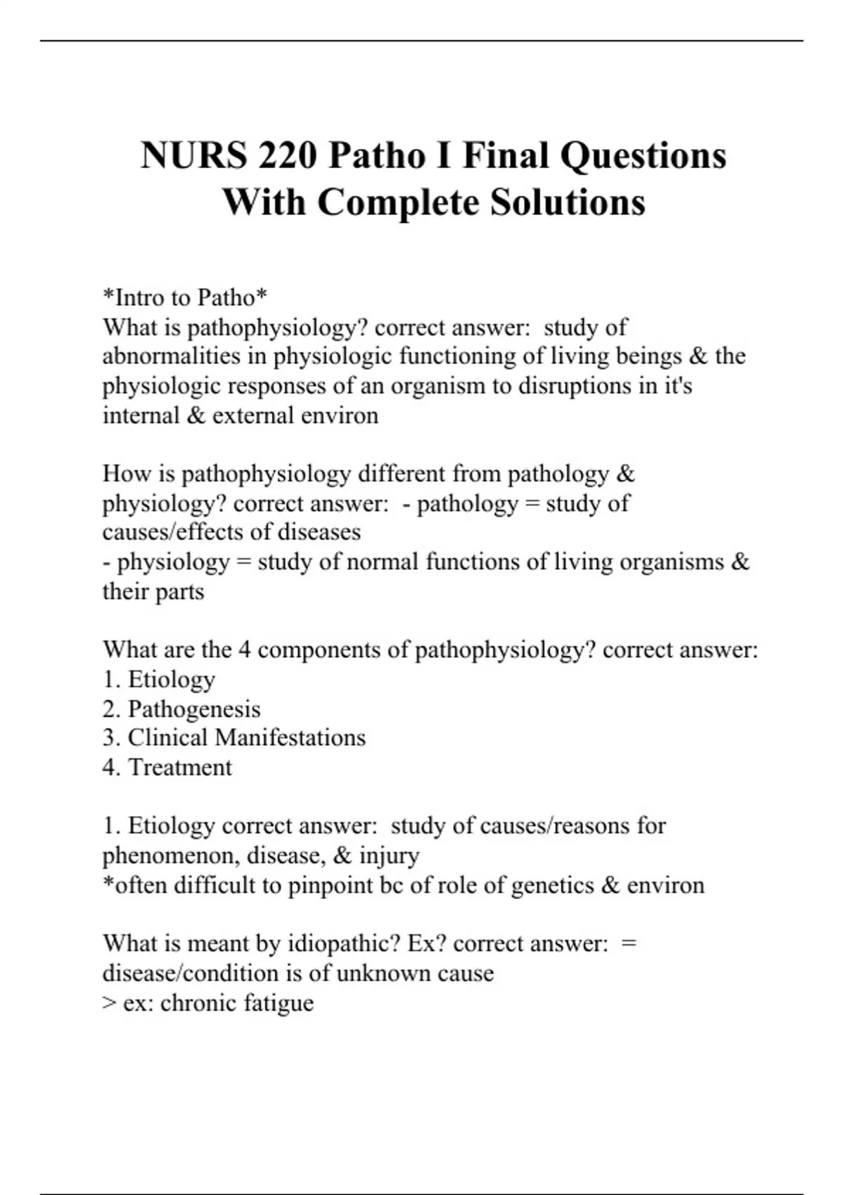 NURS 220 Patho I Final Questions With Complete Solutions - NURS 220 ...