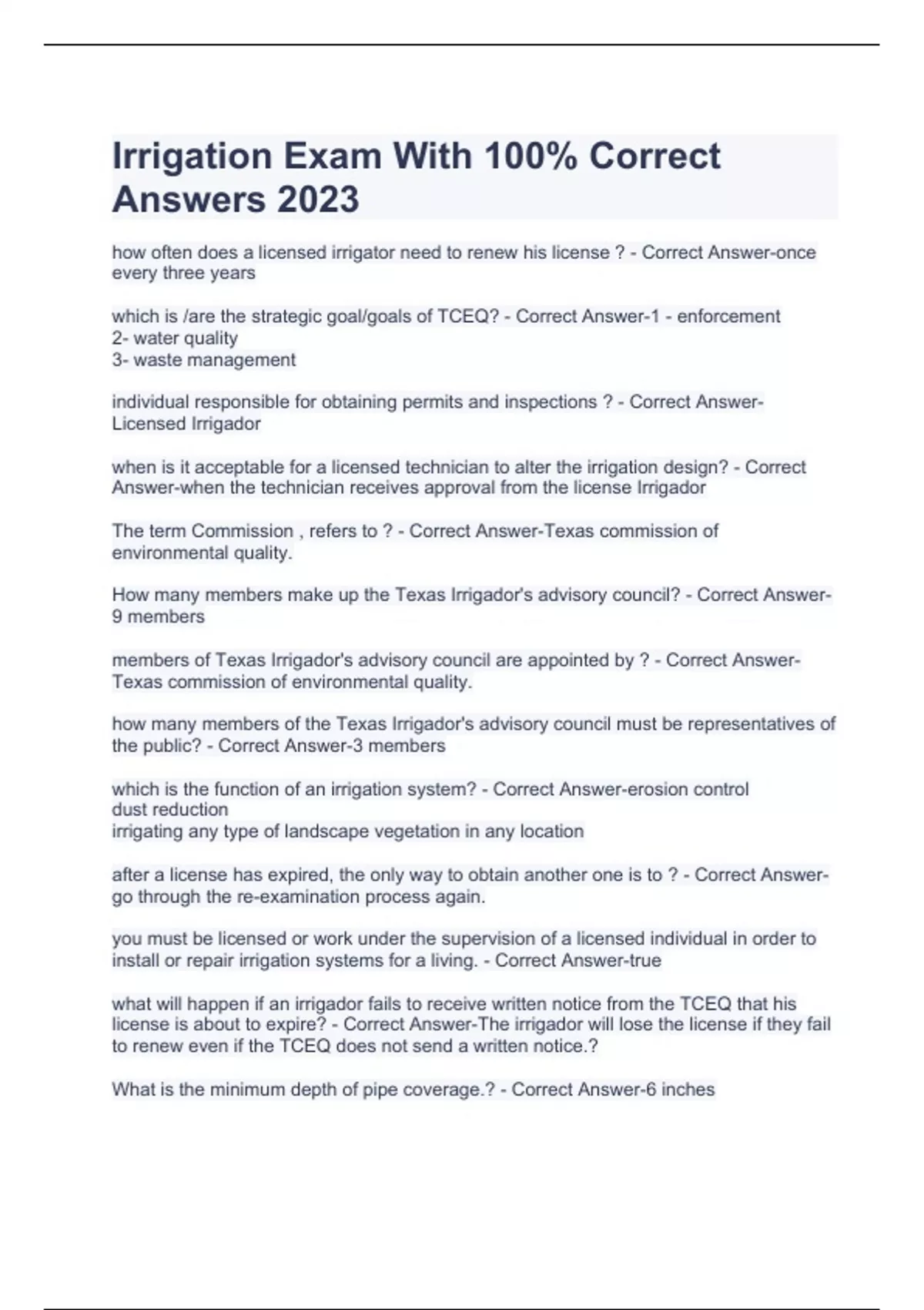 Irrigation Exam With 100 Correct Answers 2023 Texas Irrigator