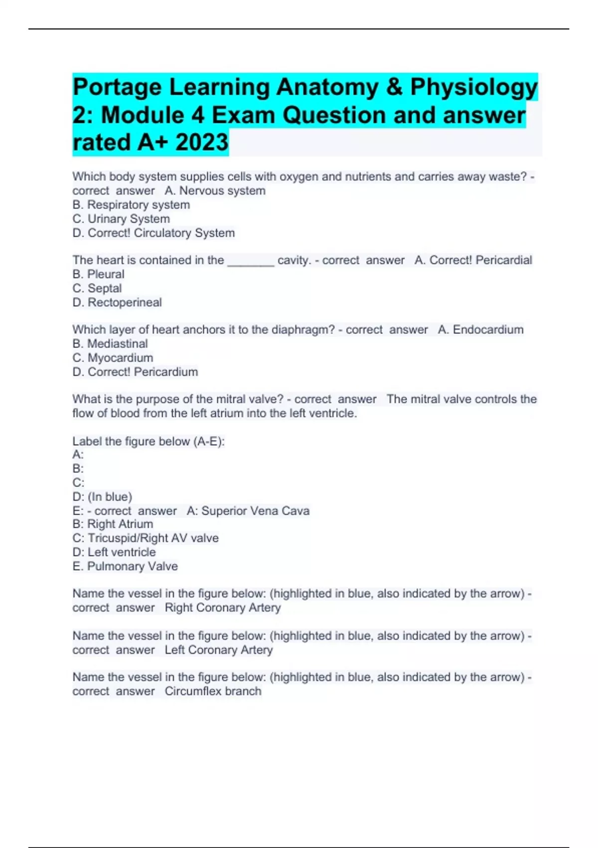 Portage Learning Anatomy & Physiology 2 Module 4 Exam Question and