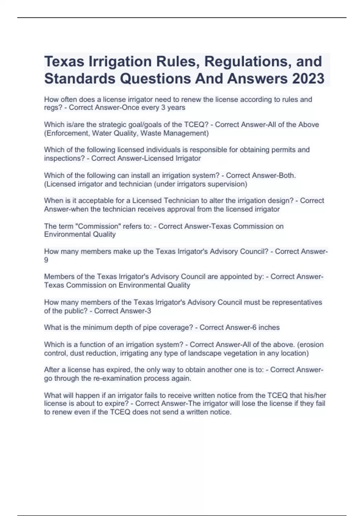 Texas Irrigation Rules, Regulations, and Standards Questions And