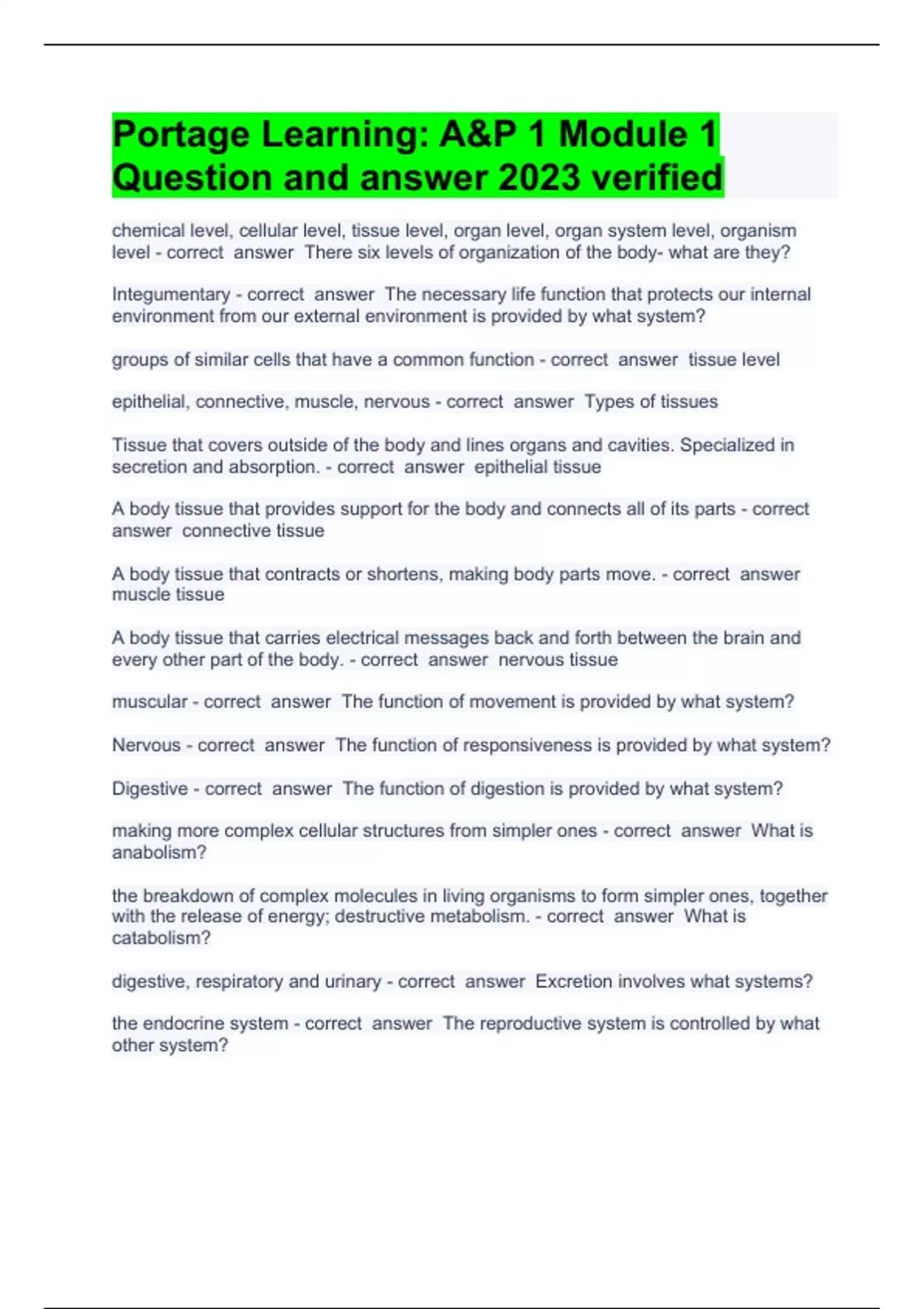 Portage Learning A&P 1 Module 1 Question and answer 2023 verified