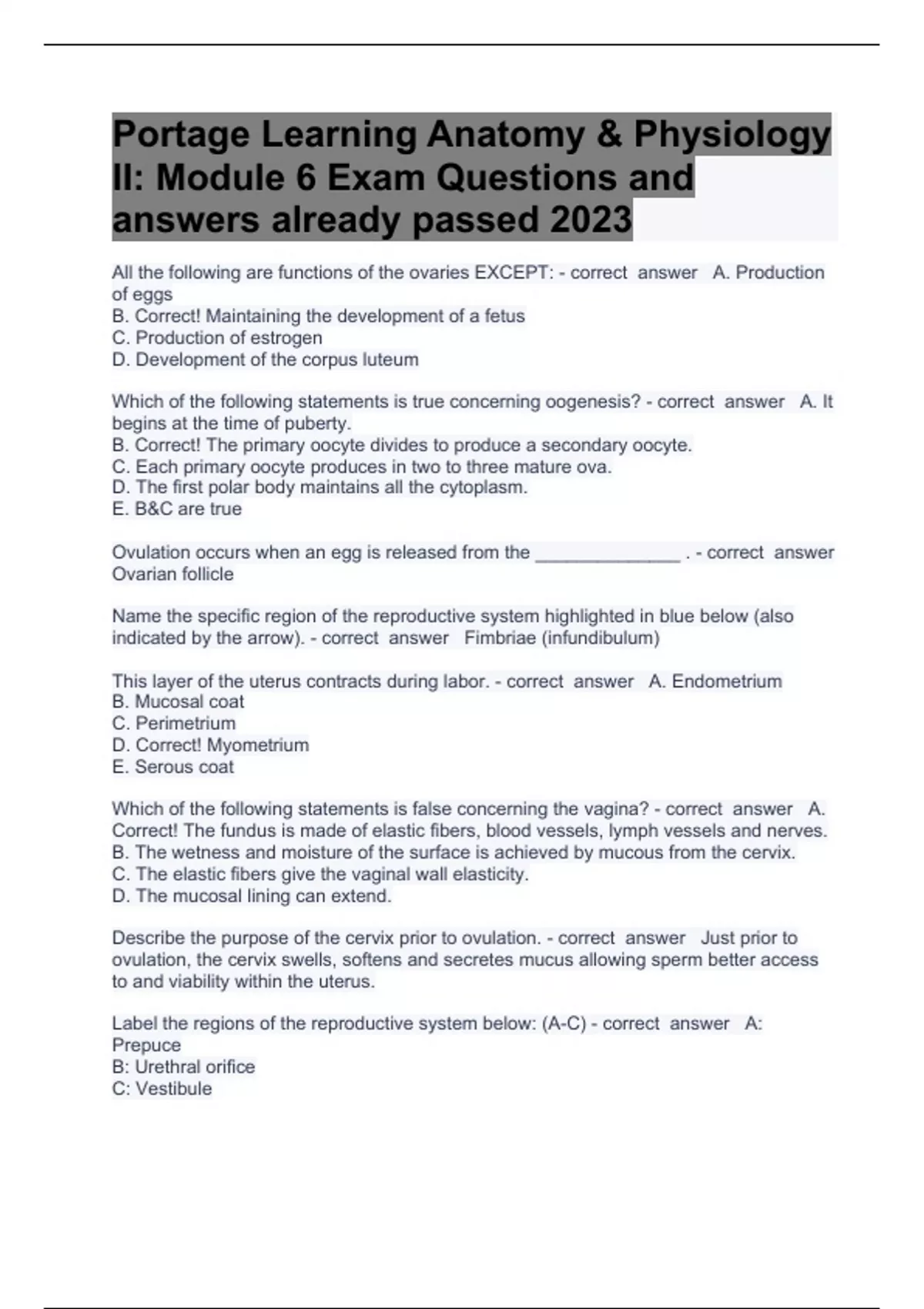 Portage Learning Anatomy & Physiology II Module 6 Exam Questions and