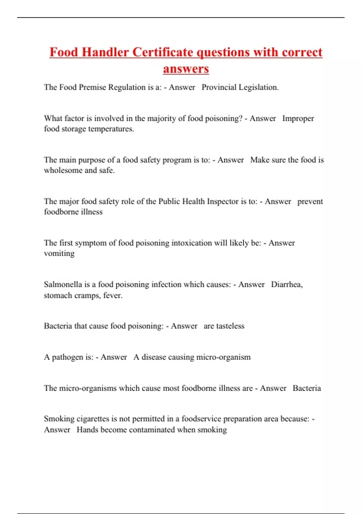 Food Handler Certificate questions with correct answers Food handlers