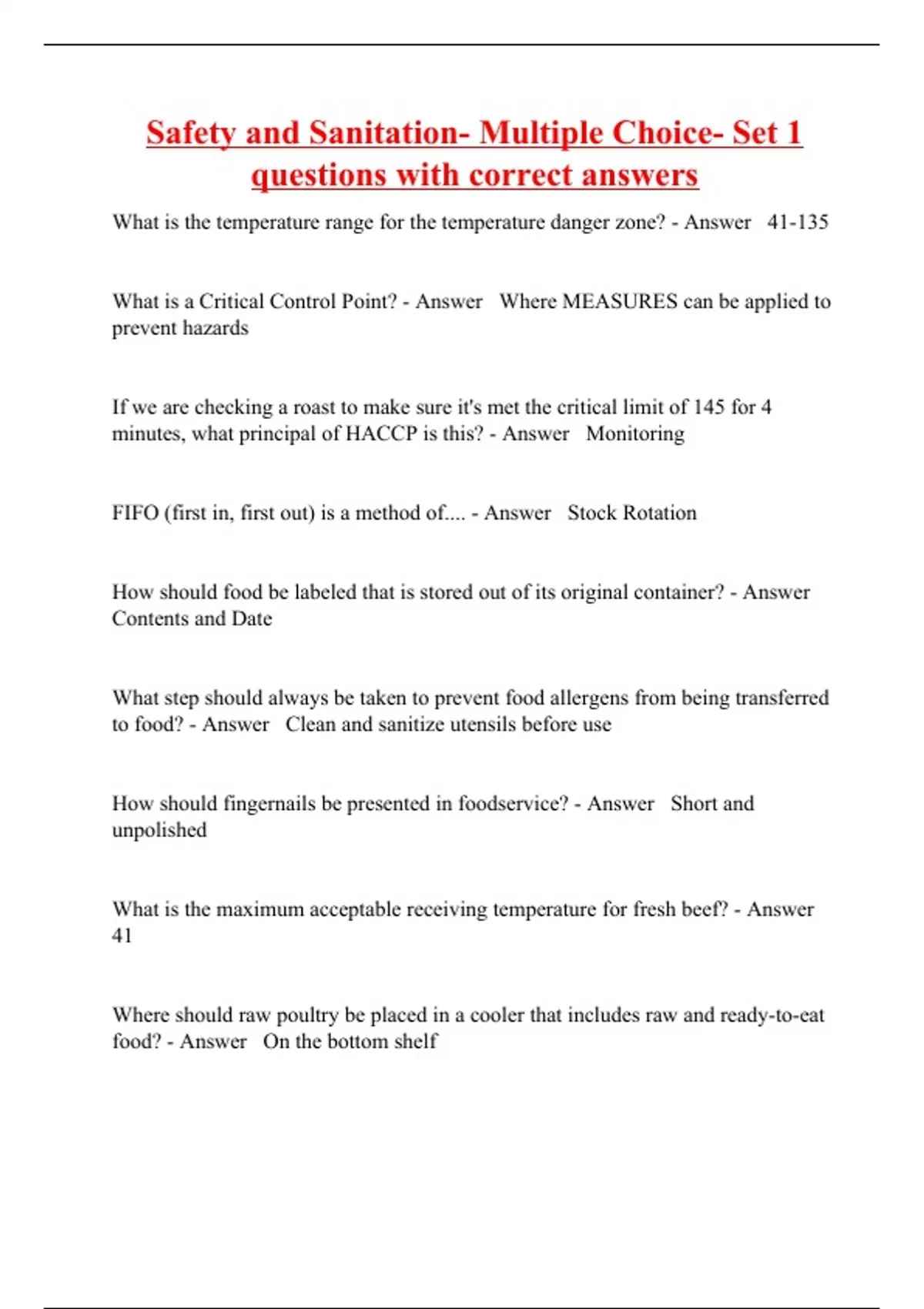 Safety and Sanitation Multiple Choice Set 1 questions with correct