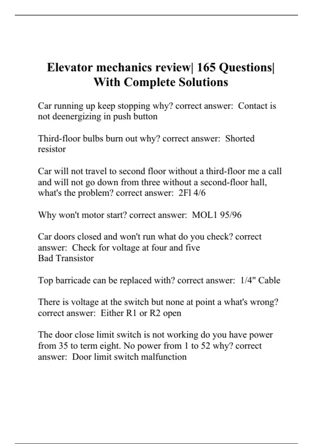 Elevator mechanics review 165 Questions With Complete Solutions