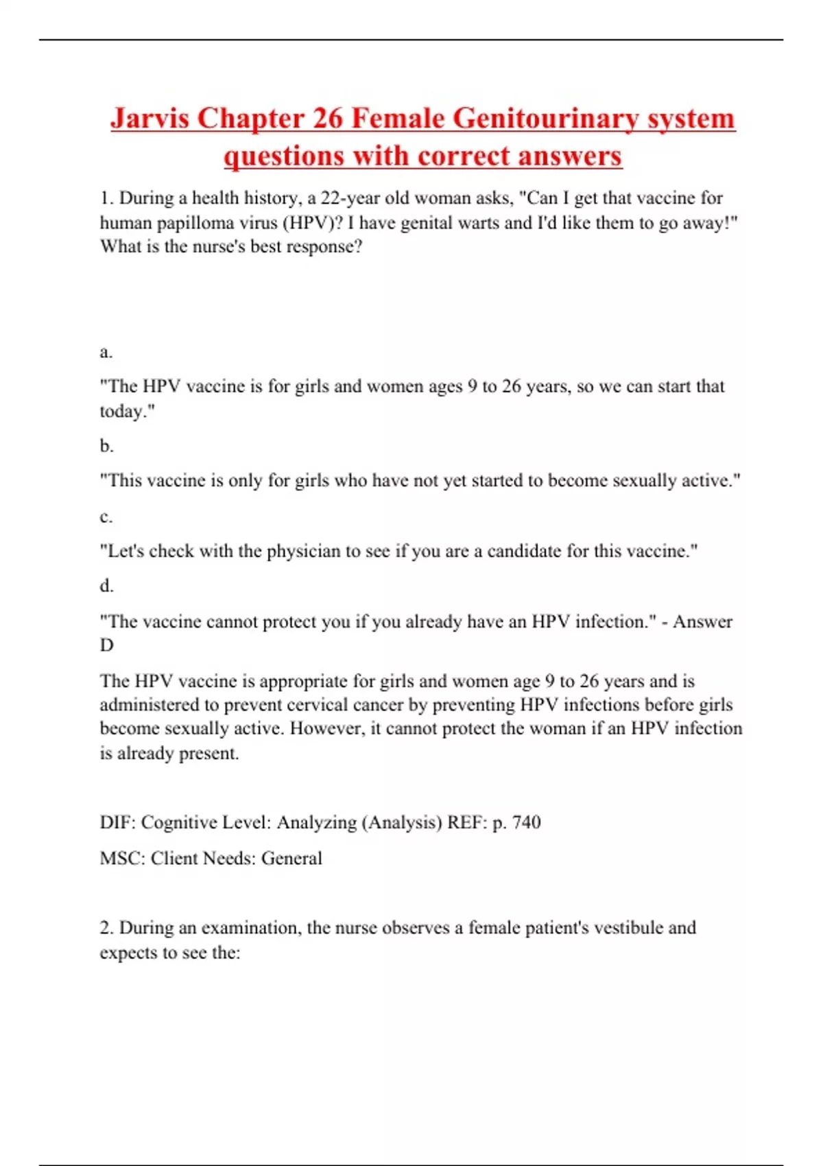 Jarvis Chapter 26 Female Genitourinary system questions with correct ...