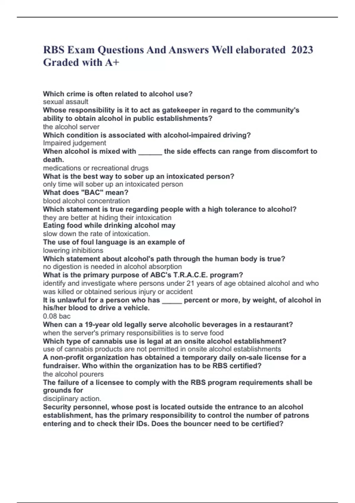 RBS Exam Questions and Answers Well elaborated 2023 Graded with A+