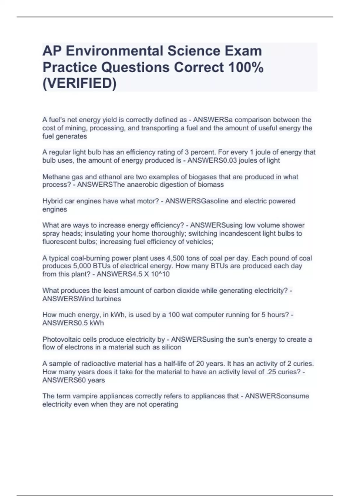 Ap Environmental Science Question Example AP Environmental Science Exam Practice Questions Correct 100%(VERIFIED ...