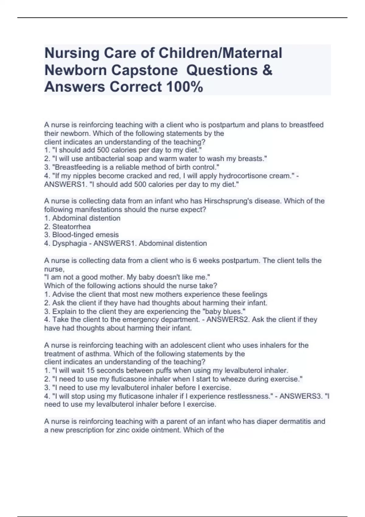 Nursing Care of Children/Maternal Newborn Capstone Questions & Answers ...