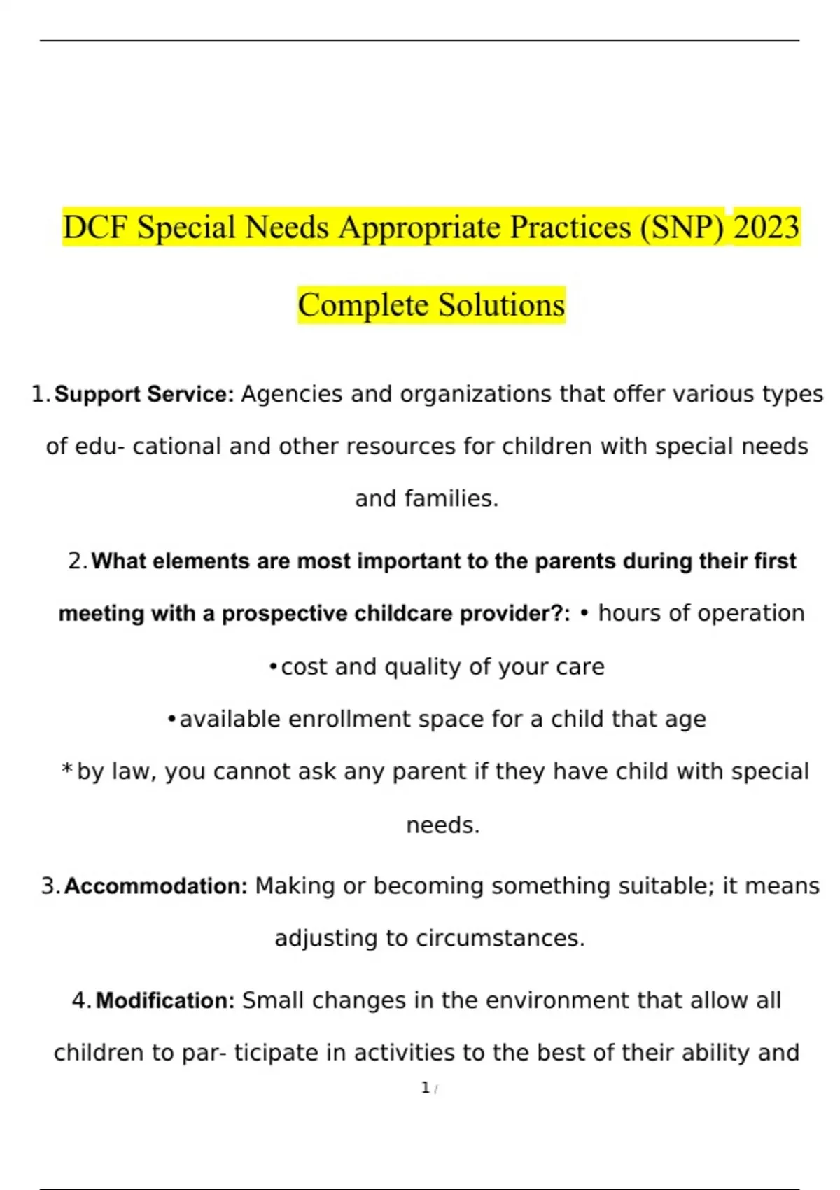 DCF Special Needs Appropriate Practices (SNP) 2023 Complete Solutions ...