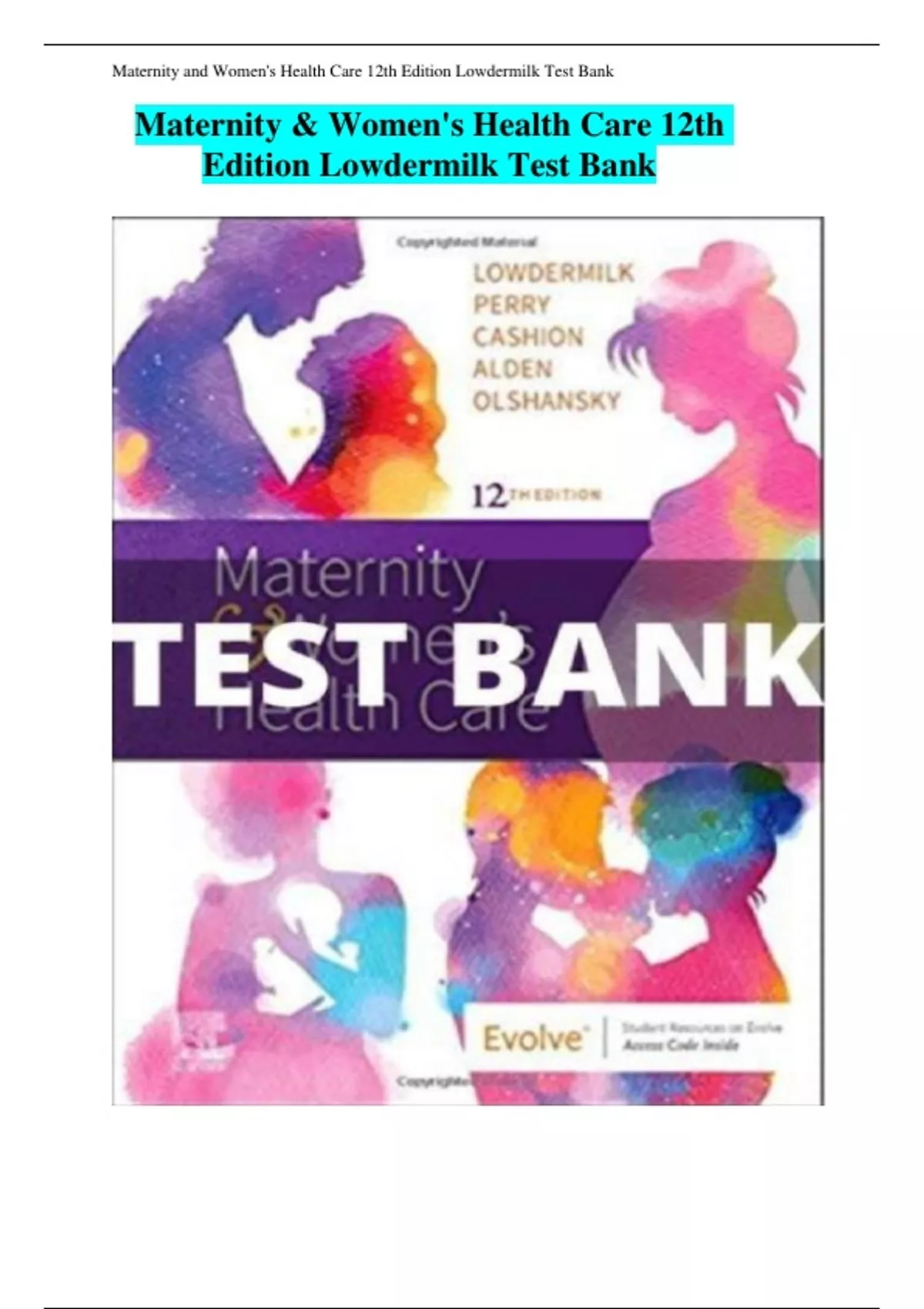 Test Bank For Maternity and Women's Health Care 12th Edition Lowdermilk