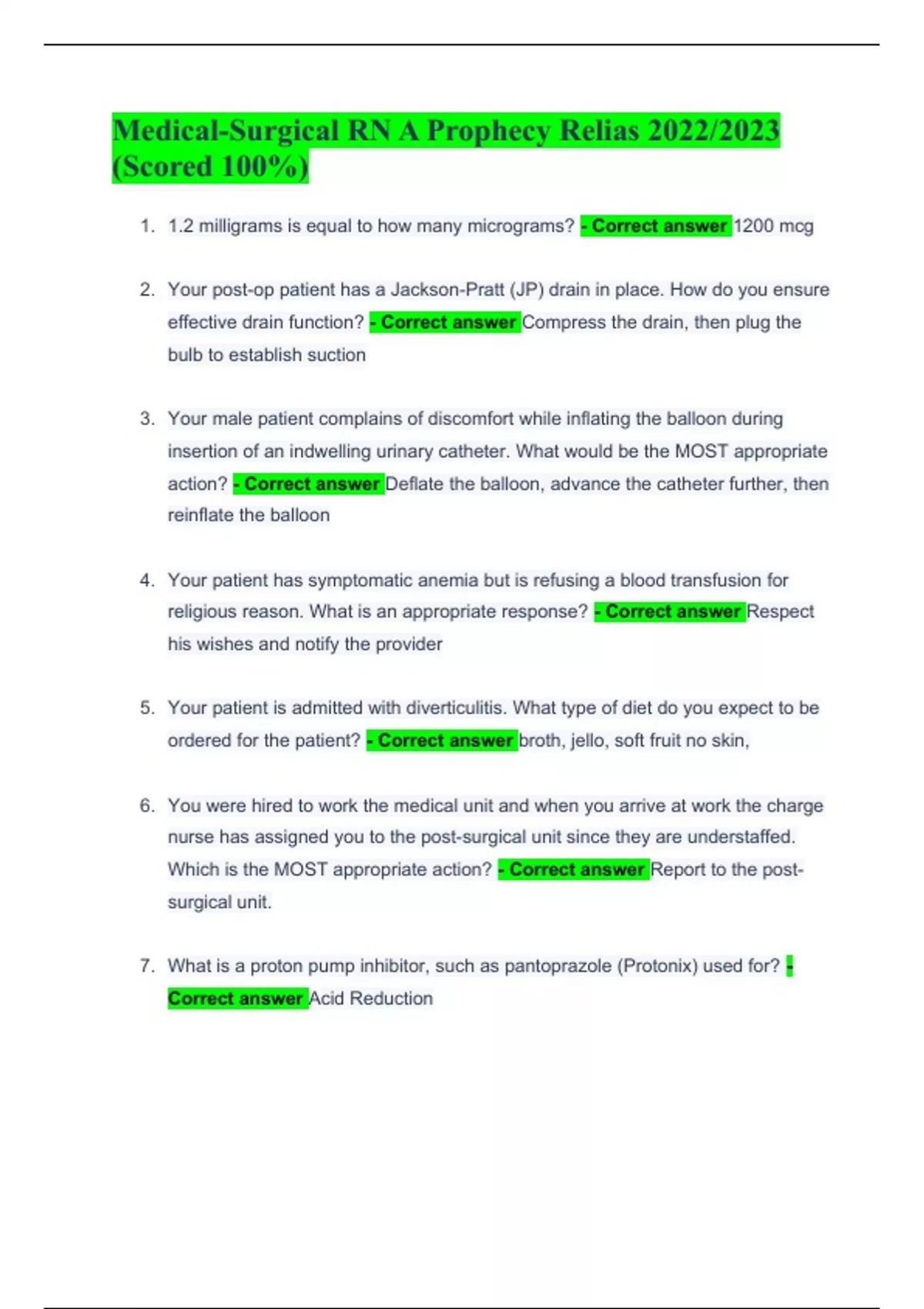 MedicalSurgical RN A Prophecy Relias 2022/2023 (Scored 100) Medical