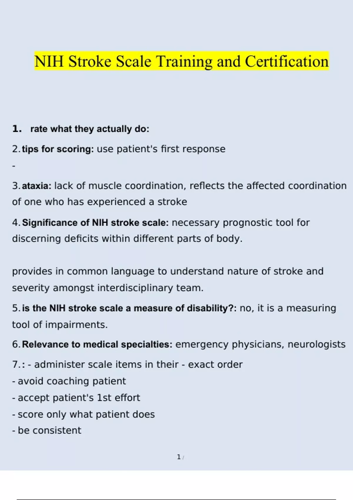 Summary NIH Stroke Scale Training and Certification Complete Updated