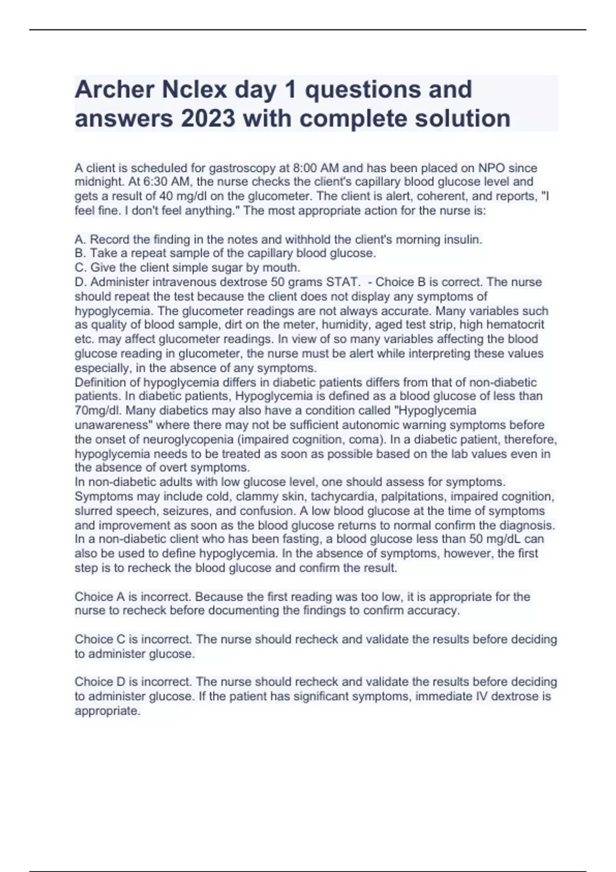 Archer Nclex day 1 questions and answers 2023 with complete solution