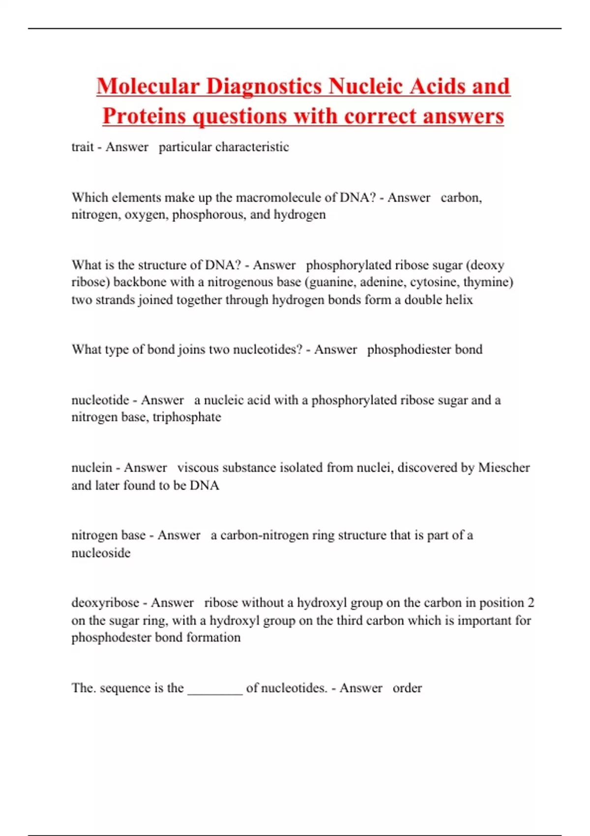 Molecular Diagnostics Nucleic Acids and Proteins questions with correct