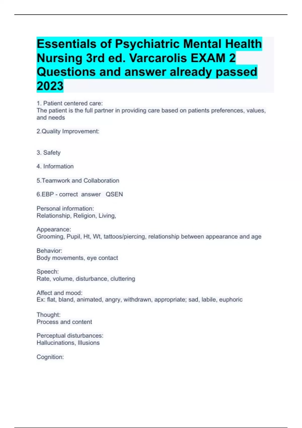 Essentials of Psychiatric Mental Health Nursing 3rd ed. Varcarolis EXAM ...