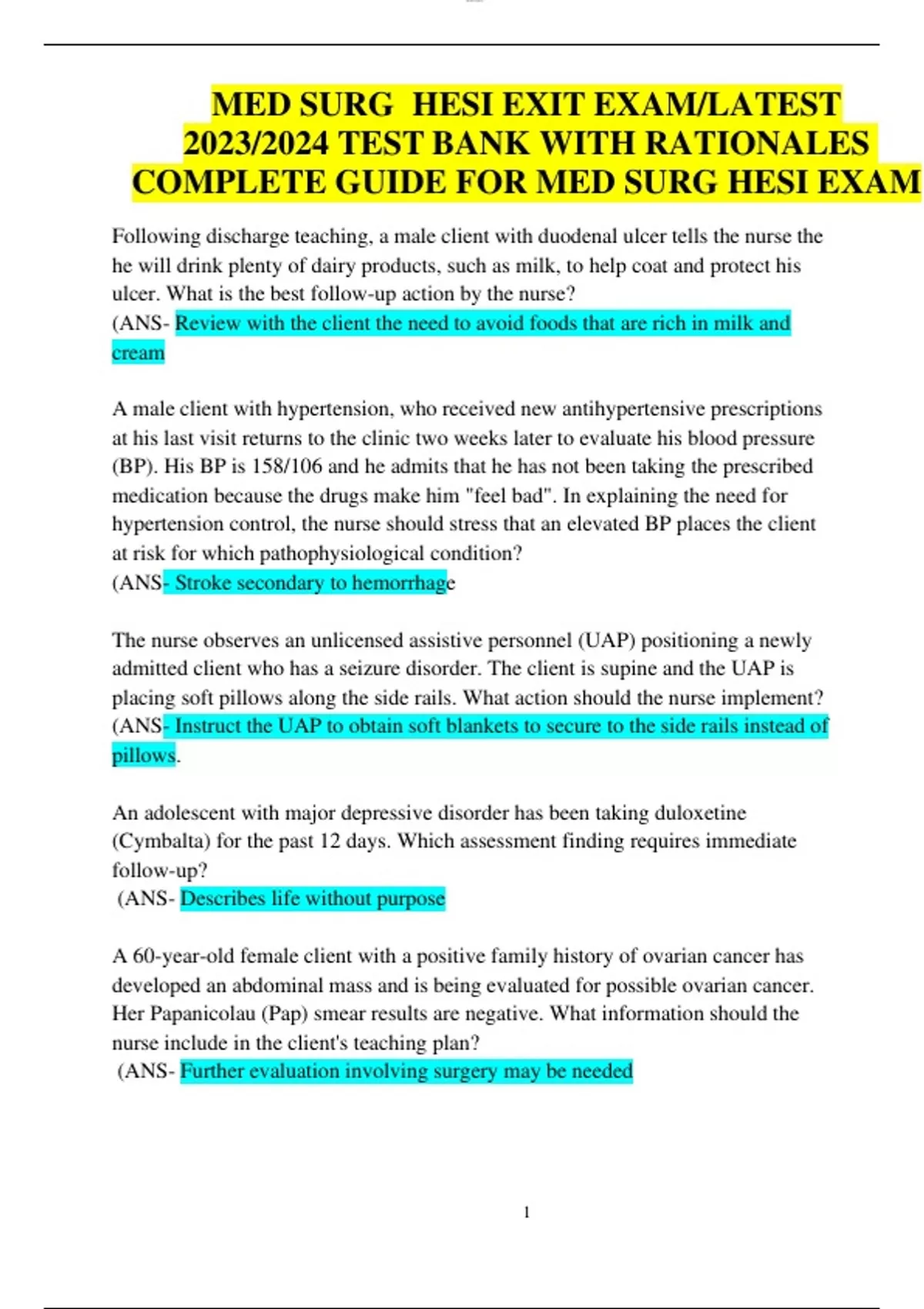 MED SURG HESI EXIT EXAM/MEDICAL SURGICAL LATEST 2023/2024 TEST BANK ...