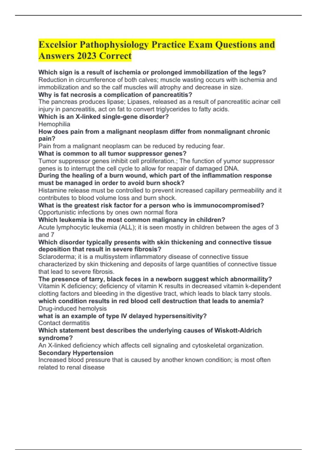 Excelsior Pathophysiology Practice Exam Questions and Answers 2023