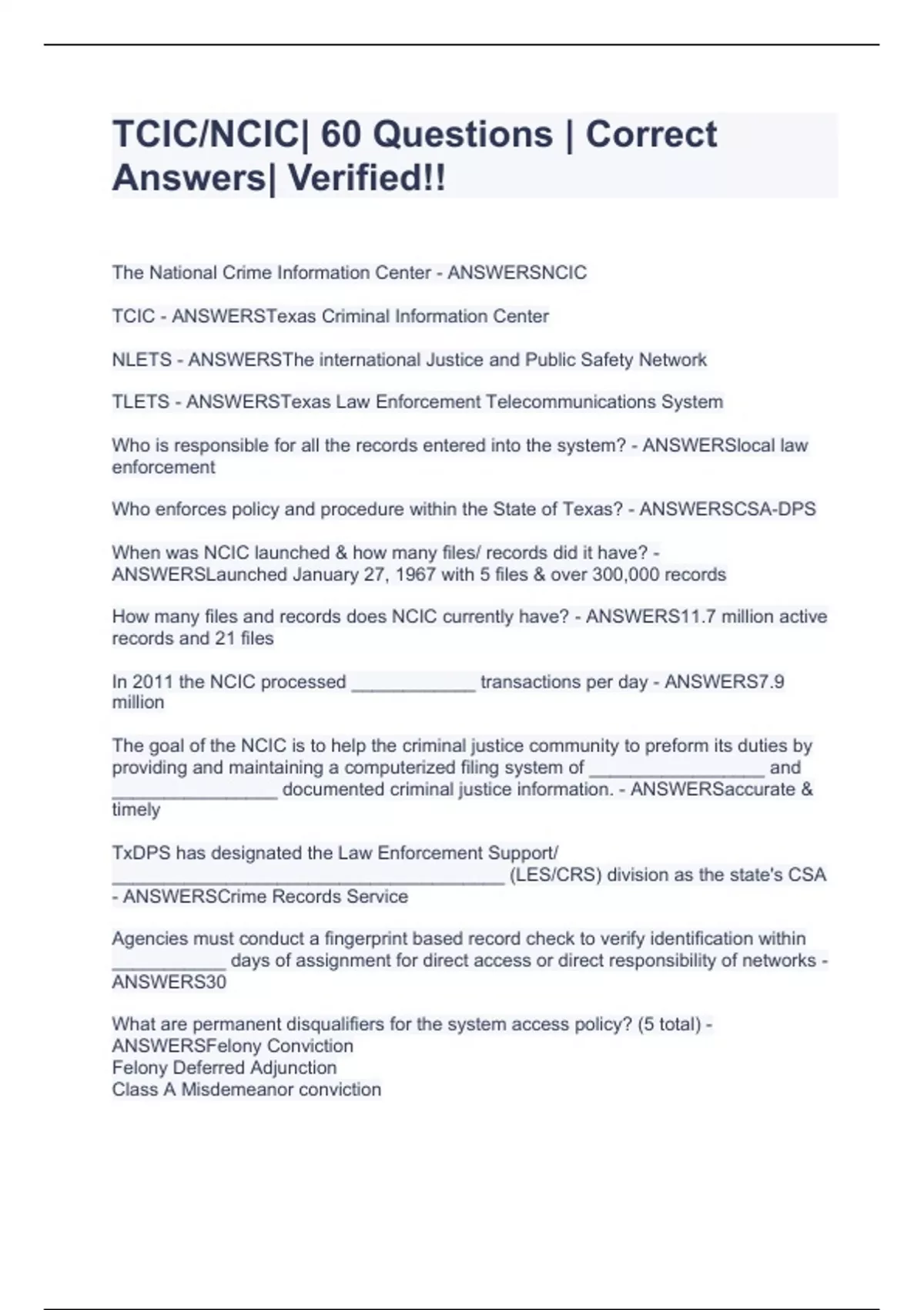 TCIC/NCIC Review Correct 100%COMPLETE EXAM BUNDLE 2023 - Stuvia US