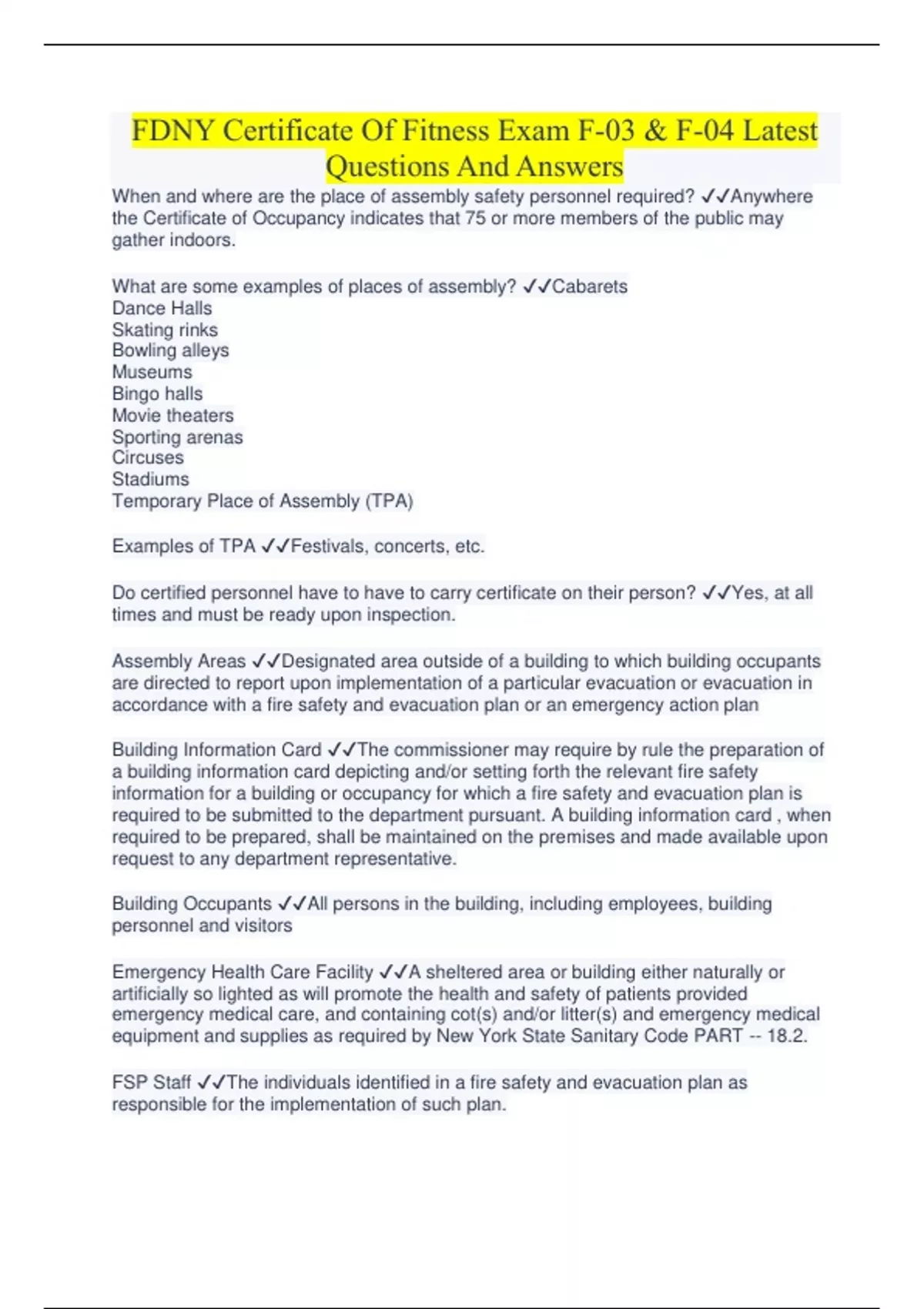 FDNY Certificate Of Fitness Exam F03 & F04 Latest Questions And