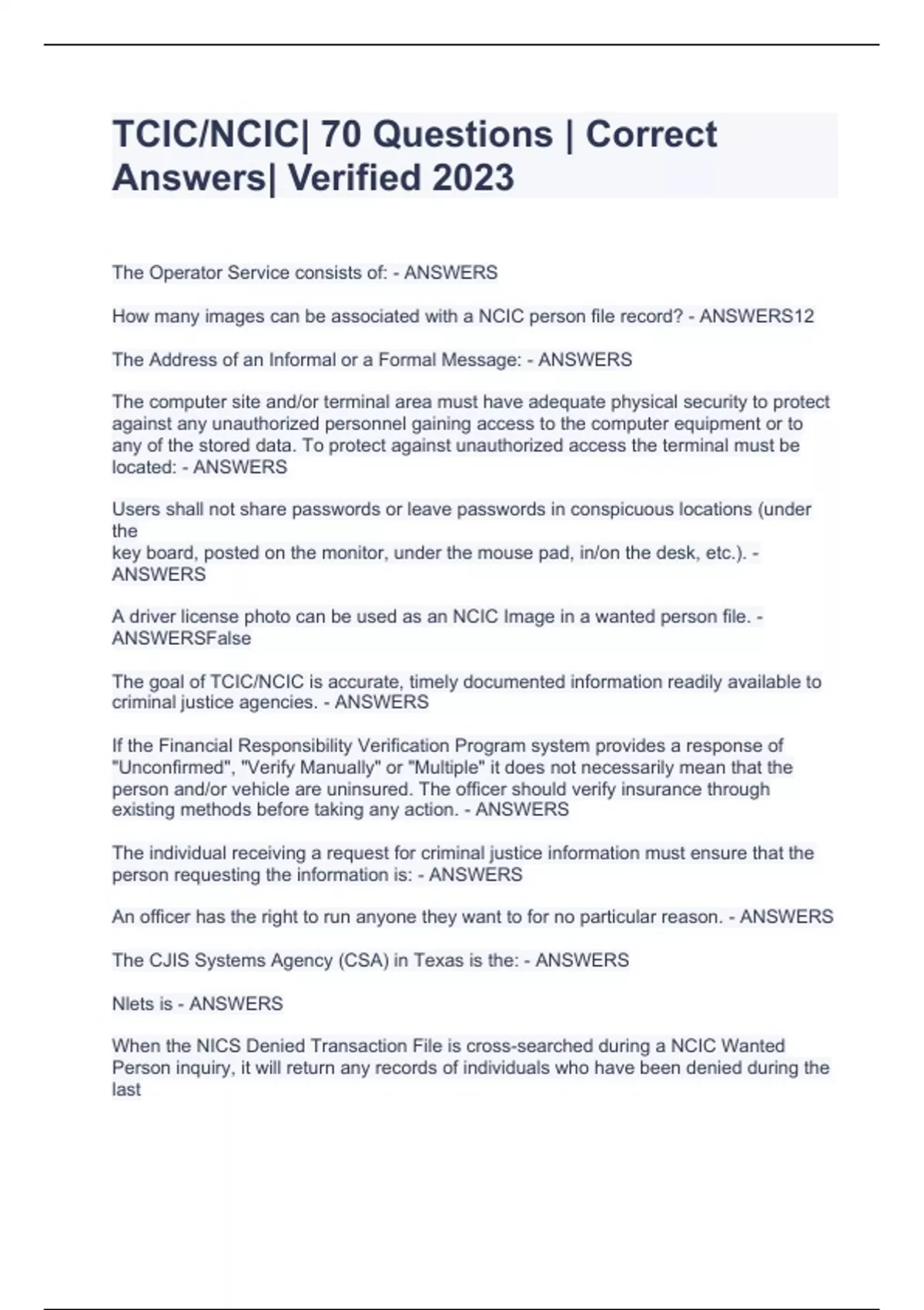 TCIC/NCIC| 70 Questions | Correct Answers| Verified 2023 - TCIC/NCIC ...