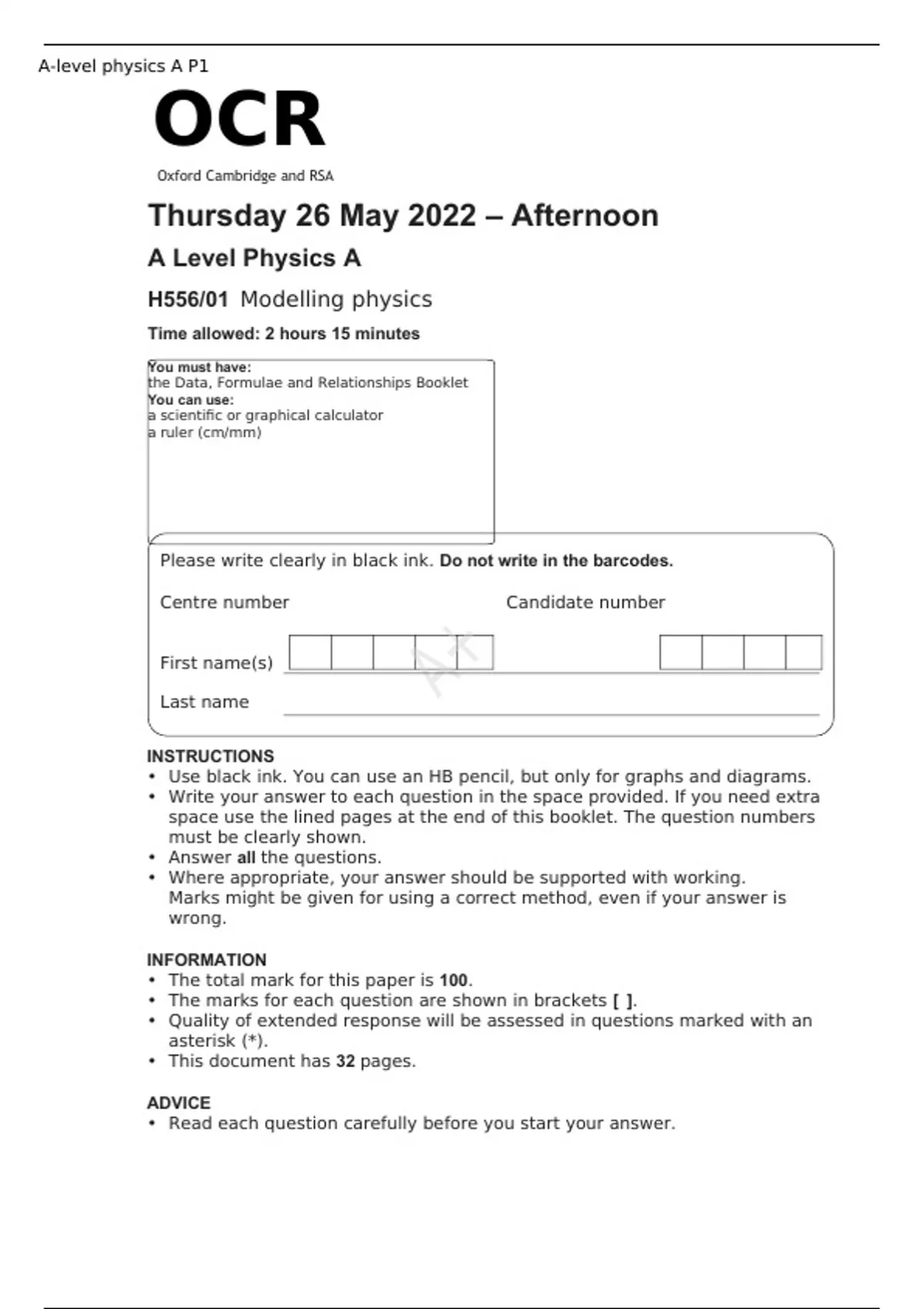 OCR A Level Physics A H556/01 JUNE 2025 QUESTION PAPER and MARK SCHEME ...