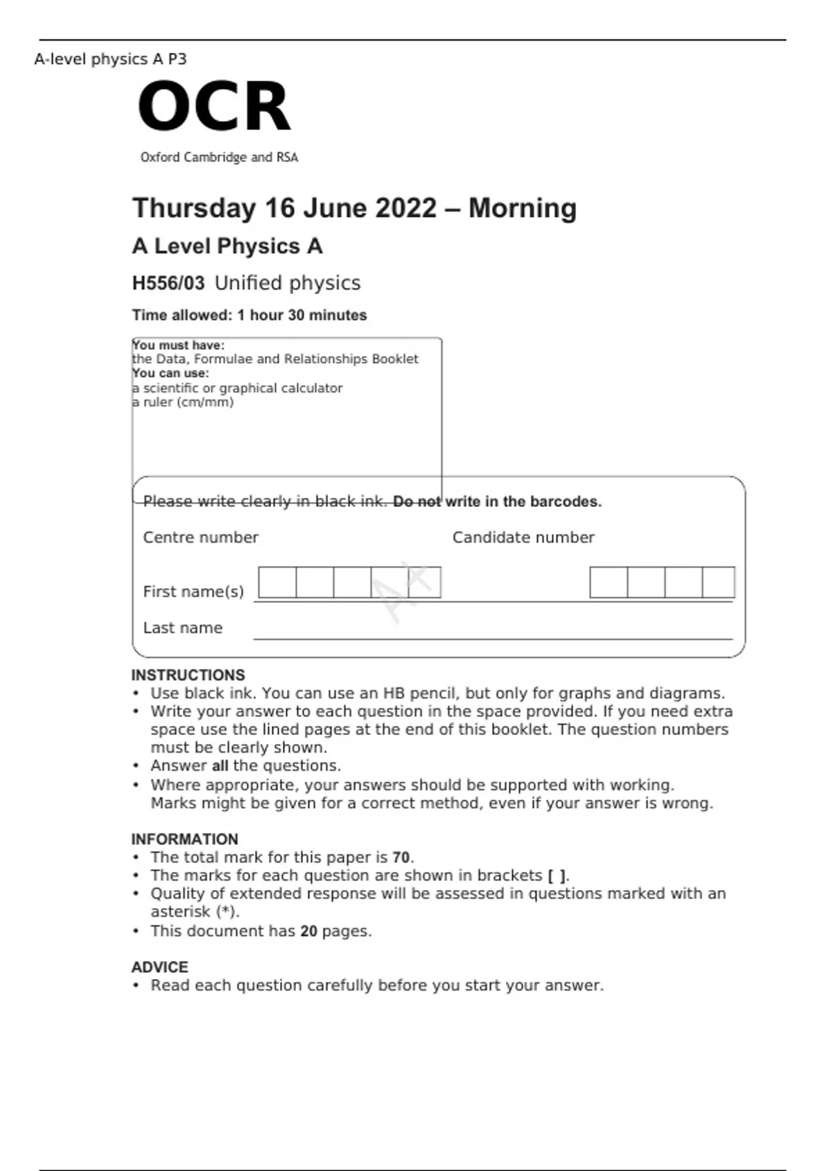 OCR A Level Physics A H556/03 JUNE 2025 QUESTION PAPER and MARK SCHEME ...