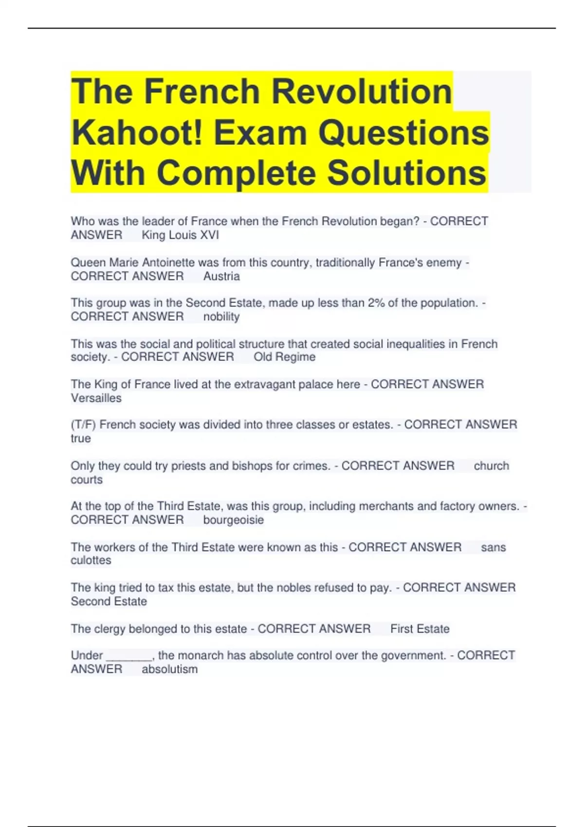 The French Revolution Kahoot! Exam Questions With Complete Solutions