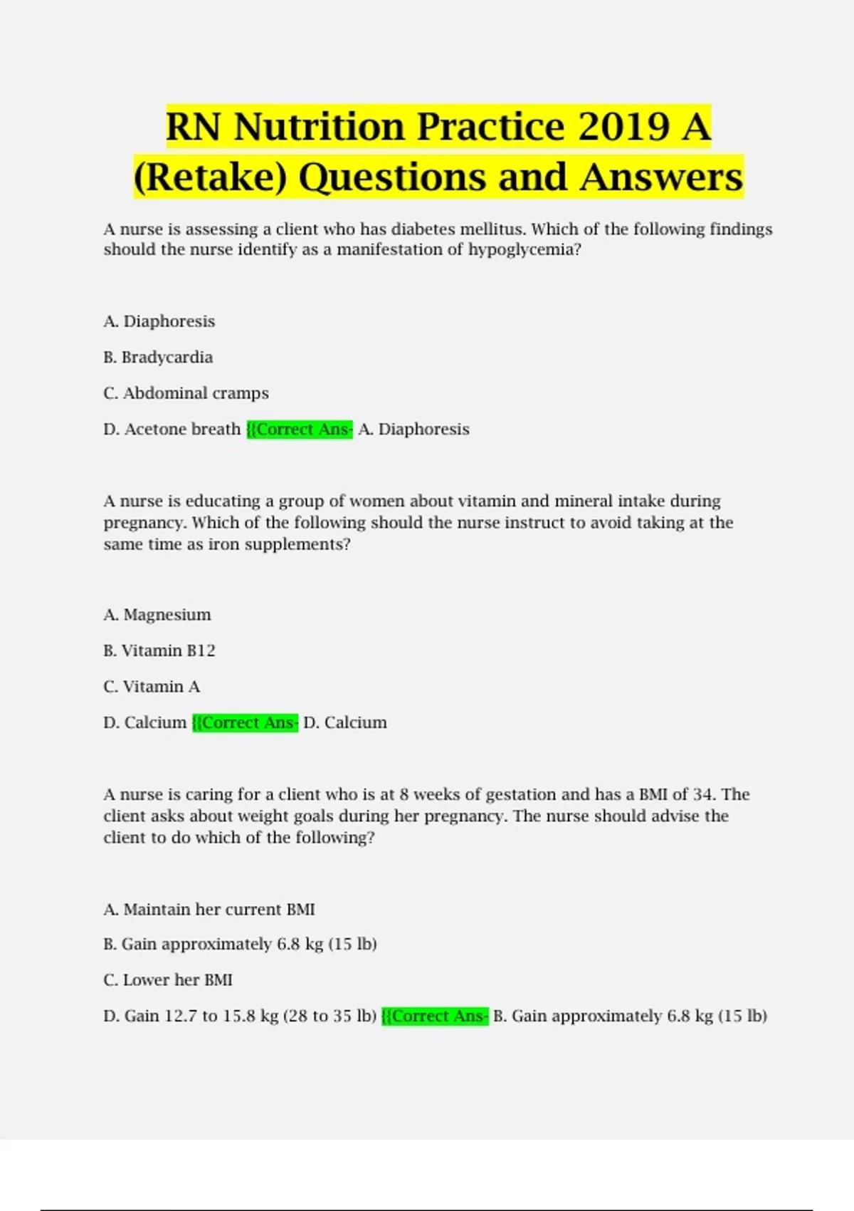 Full; RN Nutrition/ATI RN Nutrition/RN Proctored Nutrition Questions