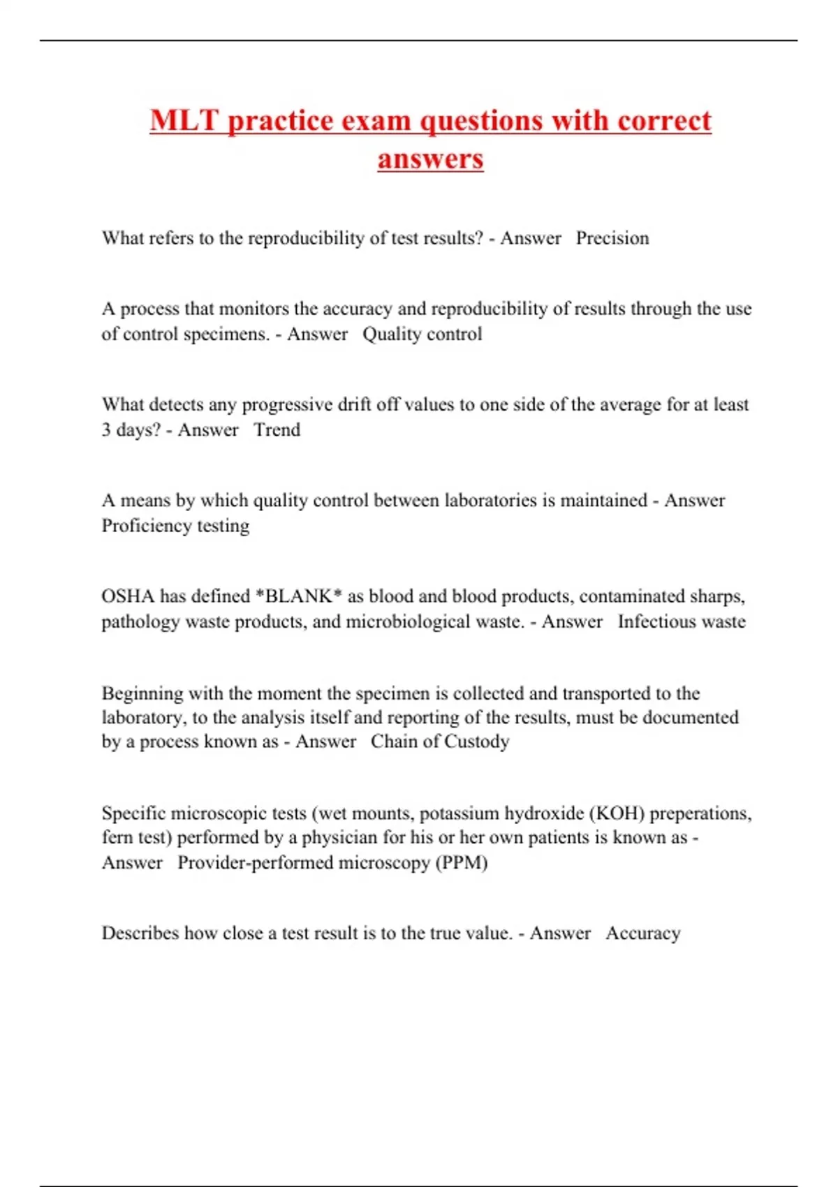 MLT practice exam questions with correct answers AMT MLT Stuvia US