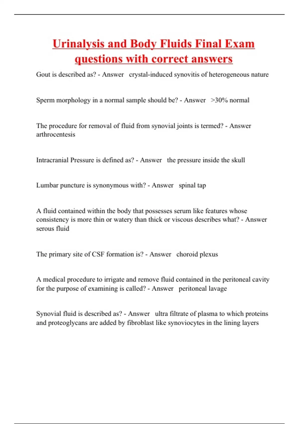 Urinalysis and Body Fluids Final Exam questions with correct answers