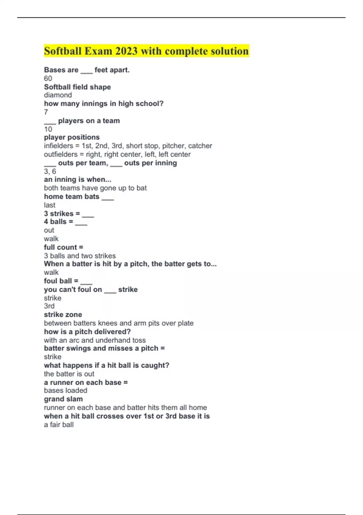 Softball Exam 2023 with complete solution Softball Stuvia US