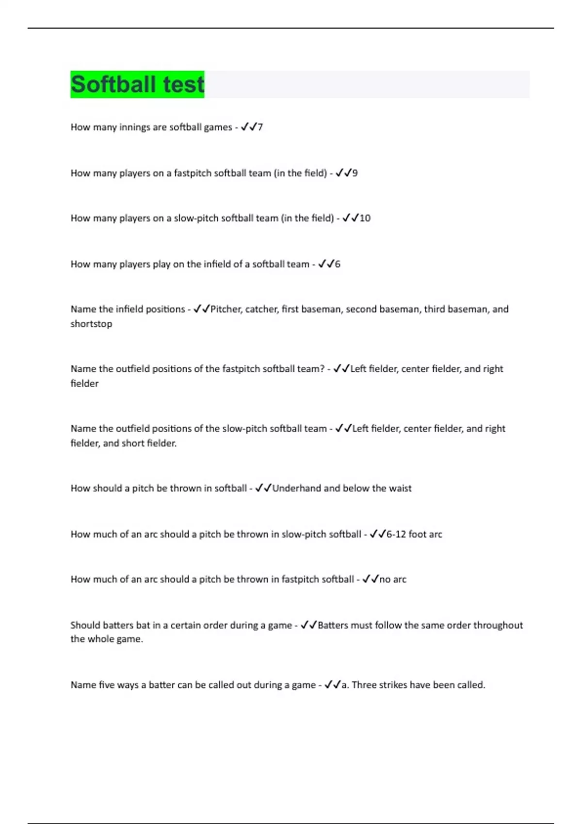 Softball test Questions With 100 Correct Answers Verified