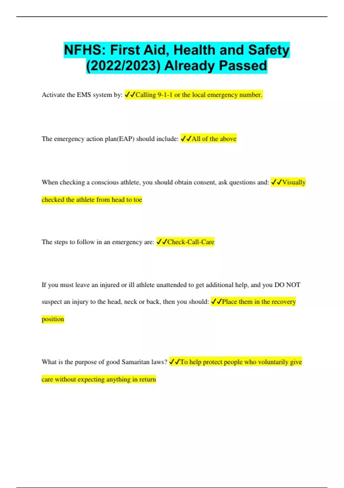 NFHS First Aid, Health and Safety (2022/2023) Already Passed NFHS First Aid, Health and